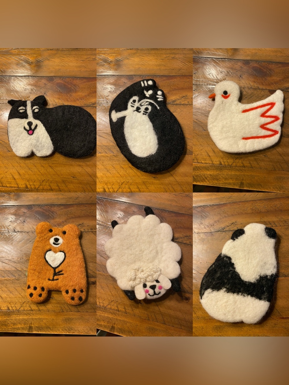 (6) Handmade Nepal Wool Felt Cat Bear Dog Coaster Mat Rustic Table Decor Gift